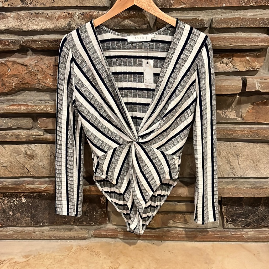 Astr The Label Long Sleeve Body Suit Black, White, And Grey